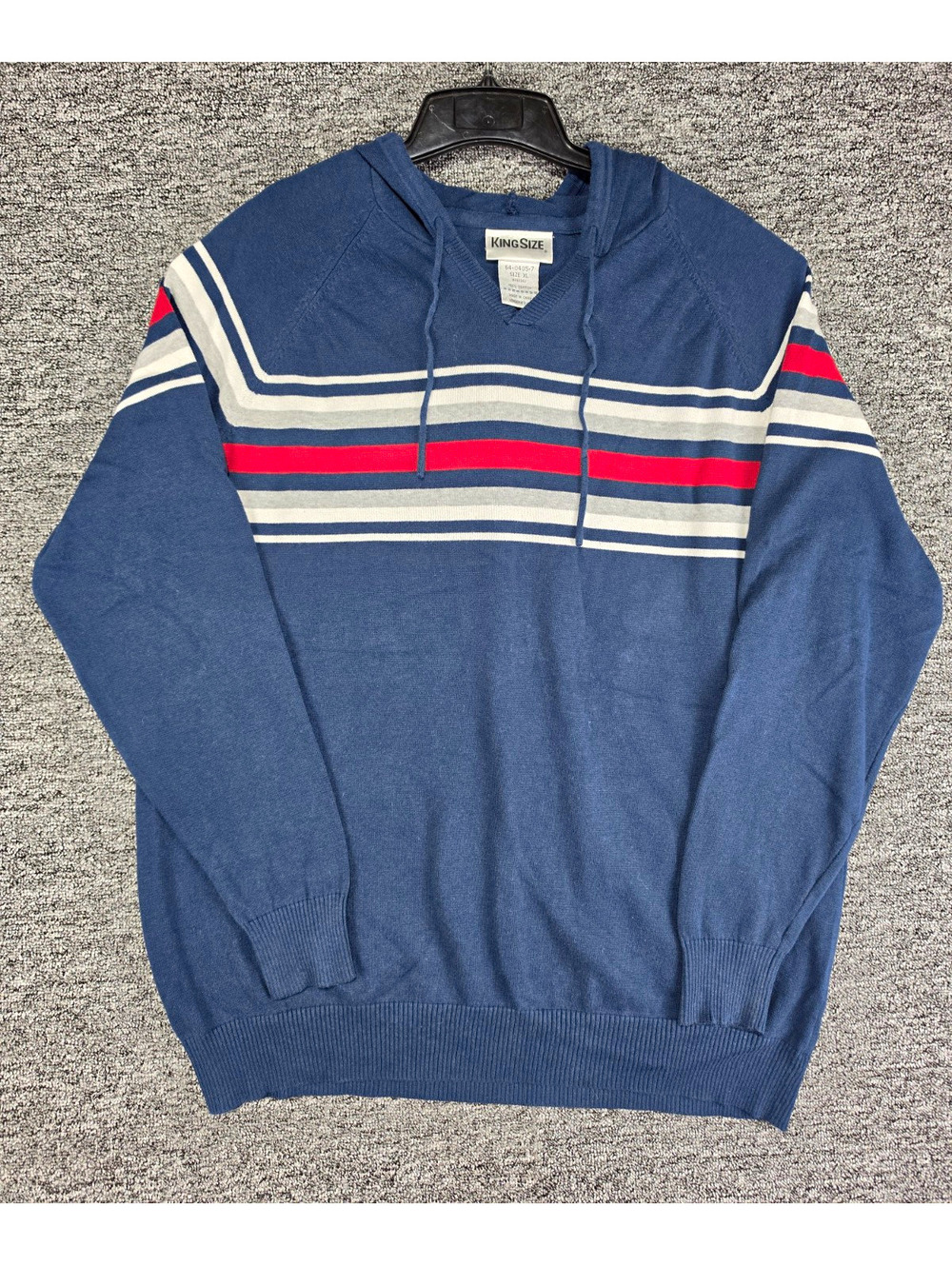 Vtg KingSize Cotton Knit Pullover Sweater Mens XL Blue Striped Hooded Drawstring